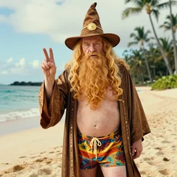 instagram vacation photo of dumbledore the wizard wearing his wizard hat and wizard swim trunks at hawaii