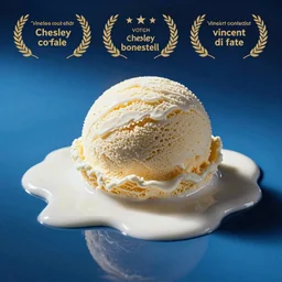 a melting scoop of vanilla ice cream on a blue background, chesley bonestell, vincent di fate