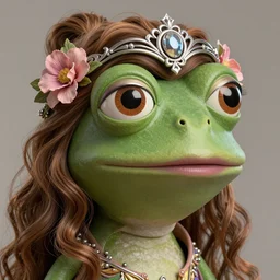 complex 3 d render, ultra detailed, realistic portrait of a beautiful pepe the frog, face, wispy, wavy hair worn tied back in a messy bun, wearing filigree silver elven circlet, wide open eyes, round catchlights, flowers in hair, brown eyeshadow, mauve lips, natural makeup, 8 5 mm lens, beautiful, studio portrait, goddess, pepe the frog