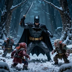 a viking dressed as batman battling with three goblins in a snowy forrest at night