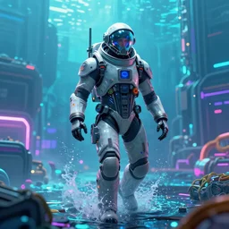 Cyberpunk cyborg in a futuristic space suit coming out of a enlightened ocean full vaporwave colors