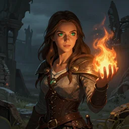 portrait of a young beautiful woman with long dark brown hair, green eyes, tan skin, wearing a medieval rogue outfit, casting a flame in one hand that illuminates her face, abandoned ruins landscape, nightime, fantasy rpg, ambient lighting, 8k, illustration, concept art, charlie bowater, lois van baarle, ilya kuvshinov, rossdraws, artstation