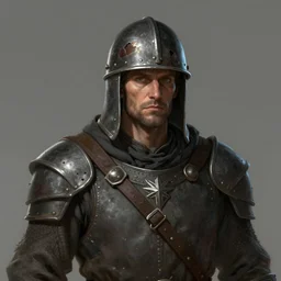 portrait of a beat - up man wearing a kettle helm, short stubble, medieval, fantasy, medium shot, fantasy art, concept art, character design, digital art, illustration, highly detailed, 1 2 3 4 5 6, sharp focus, by wlop