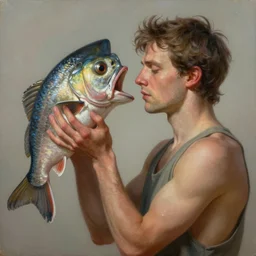 a surreal matte painting of a man holding a fish head as if he were in love, in the style of esao andrews, greg rutkowski, digital painting, photorealistic, ornately detailed, unreal engine, extremely detailed masterpiece, illustration, trending on artstation