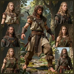 linear gamma, dynamic pose ,natural light, dissolution filter ,turbulence filter, costume design made by nordic tribes, sophisticated composition, old masters light composition, artist reference images pose, procedurally generated, epic human character posing for concept art, beautiful ancient garden behind, substance designer, PBR, HD, Ultra detailed, hyperrealistic, megascans, volumetric light, concept by master artist, made in paint tool SAI2, trending pixiv face