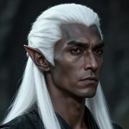 a portrait of a drow elf male, long length slick white hair, charcoal skin, relaxed eyebrows, handsome, smooth skin, young adult in with late twenties, raised eyebrows, pointed chin, charcoal color skin, style by donato giancola, wayne reynolds, jeff easley dramatic light, high detail, cinematic lighting, artstation, dungeons and dragons