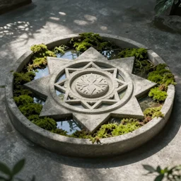 a concrete mandala filled with water and overgrown with moss