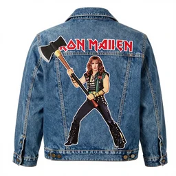 back patch of eddie form iron maiden holding axe on a jeans jacket. 8 0's
