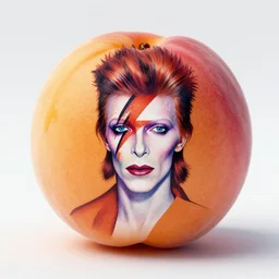 an apricot that has been painted in the style of david bowie