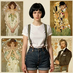 a woman with black hair pixie cut in shorts with suspenders drawn by gustave caillebotte, norman rockwell, frank frazetta, peter paul rubens, alphonse mucha, gustav klimt 4k, unreal 5, DAZ, french noveau, trending on artstation, octane render, hyperrealistic