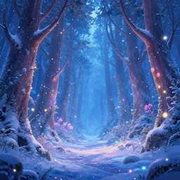 beautiful picture of a magical lights glowing different colours everywhere in the centre of blizzard in an enchanted beautiful forest, fantasy art, trending on artstation, cgsociety, nice composition, Disney style, great fantasy mood