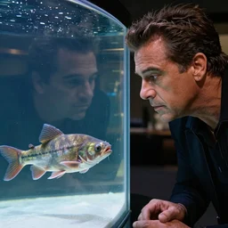 stunning photo of ray romano looking at catfish in an aquarium, 3 5 mm lens