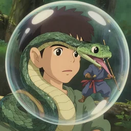 unrealistic studio ghibli manga action shot from close encounters of the third kind 1 9 7 7 of a snake swallowing a warrior in a snake bubble.