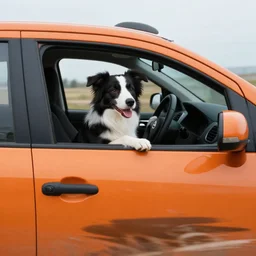 border collie dog in the driver's seat of an orange nissan note, paws on wheel, car moving fast, rally driving photo, award winning photo, golden hour, front of car angle, extreme motion blur, 3 0 0 mm lens