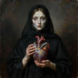Mysterious woman with segmented pale face in black cloth holds surreal ornate heart in her hands, the long shot, dramatic lighting, high-detailed oil painting by William Blake and Ilya Repin, masterpiece, 4k