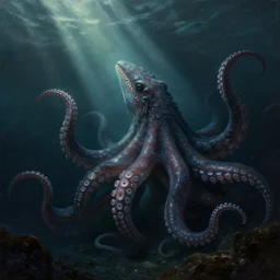 A matted painting of a sea monster with many tentacles, on an underwater environment with expansive views of space, dark and moody, inspired by greg rutkowski and Keith Mallett, digital art, extremely moody lighting, glowing light and shadow, atmospheric, shadowy, cinematic