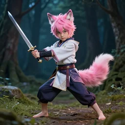 a beautiful fullbody portrait of a cute male boy with pink hair and pink wolf ears and tail, wearing a cool outfit, barefoot, wielding a sword in battle position, in a forest, at night. volumetric light, detailed, photorealistic, fantasy, rendered in octane