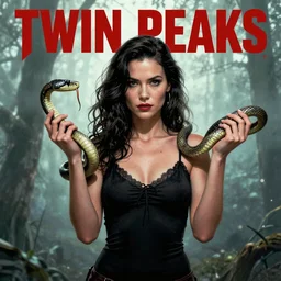 Twin Peaks comic book cover movie poster artwork by Tomer Hanuka, Rendering a femme fatal holding a snake, Michael Whelan, Patryk Hardziej,  Makoto Shinkai and thomas kinkade, by Gregory Crewdson, Matte painting, trending on artstation and unreal engine