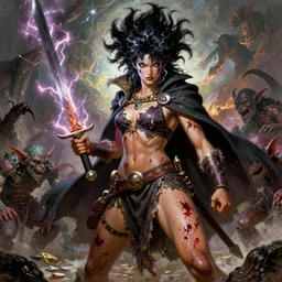Savage battlescarred Saiyan warrior girl, cavewoman, wild spiky black electrified hair, pelt, torn clothing, savage cloak, scars of battle, bloody, electrical aura, scimitar, primeval fantasy, prehistoric fantasy, goblins attacking, 1980s pulp fantasy, art by Frank Frazetta and Boris Vallejo