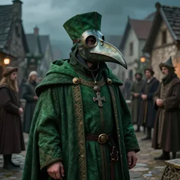 A fancy portrait of a green medieval plague doctor wearing a beak mask in a medieval village by Greg Rutkowski, Sung Choi, Mitchell Mohrhauser, Maciej Kuciara, Johnson Ting, Maxim Verehin, 8k photorealistic, cinematic lighting, HD, high details, dramatic, dark atmosphere, trending on artstation