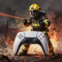 Digital painting of a fireman playing sony playstation