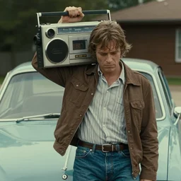 a man holding up a boombox in front of a car, pinterest contest winner, american romanticism, fashion of the 1 9 8 0's, sadpeople aesthetic, retro, by john carpenter