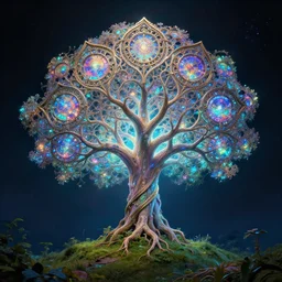 magical chromatic glowing tree of life in a hill, centralized, ethereal, rich, fantasy, smooth, sharp focus, high detailed digital art, ultra wide shot, lush colors, in the style of bob ross and caravaggio, highly realistic, exquisite ornate metal gothic icon heavy patina, delicate, the secret of nihm