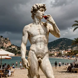the statue david from michelangelo drinking a glass of sangria in the drummers corner at benirras beach in ibiza