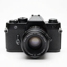 carbon fiber vintage film camera, high detail macro photography, isolated on a pure white background, centered, entire object in frame, sharp focus, soft studio lighting