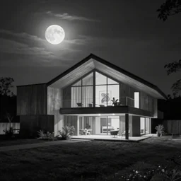 modern house in the wood, big moon, artwork by William Blake, night, pinhole analogue photo quality, monochrome, blur, unfocus, cinematic, 35mm