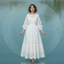 full body portrait of a woman posing, short wavy hair, round face, intricate white dress, cottagecore!!, inside water, intricate, enlightened, highly detailed, digital painting, artstation, concept art, smooth, sharp focus, illustration, art by artgerm and greg rutkowski and alphonse mucha