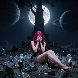 A beautiful woman with magenta hair covering her face basking in the moonlight on a bed of obsidian crystals below planets, tall tree, cinematic lighting, dramatic atmosphere, by Dustin Nguyen, Akihiko Yoshida, Greg Tocchini, Greg Rutkowski, Cliff Chiang, 4k resolution,  trending on artstation