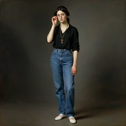 a beautiful full body!!! portrait of a skinny teen woman with glasses, a jean and a black shirt, tied back black hair, white shoes!, art by franz xaver winterhalter, highly detailed, elegant, jewlery, romanticism, rococo, neoclassicism, 1 8 5 0 s style painting, oil on canvas, vivid