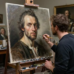 a painter in his studio painting a picture of wojak memes, by edgar maxence and caravaggio and michael whelan and delacroix style, artistic, intricate drawing, cinematic lighting, hyper realistic, extremely detailed, establishing shot, 8 k resolution, dramatic lighting