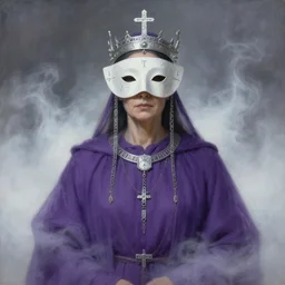 portrait of an androgynous masked middle - aged divine person dressed in purple robes, wearing a flat mask and a silver crown, runes, jewelry, mystical, ethereal, magical white fog, paitning by greg rutkowski and alphonese mucha