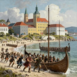 viking army rushing through the beach from from their Viking ships, ready for battle by Ludwig Deutsch and  Rudolf Ernst,  colorful  architecture, strong dramatic cinematic lighting, lost civilizations, smooth, sharp focus, extremely detailed
