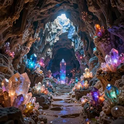 Cave of wonders, magical, mystical, bright colours, bright lights, crystals of all colours, hyperdetailed, artstation, cgsociety, 8k