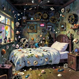 painted anime background of the interior of a bedroom in the slums built from various coral seashells and being reclaimed by nature, nostalgia, vaporwave, litter, steampunk, cyberpunk, caustics, anime, vhs distortion, art created by miyazaki