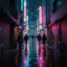 a cyberpunk alley in future tokyo at night, reflections on wet ground by sachin teng and pascal blanche nekro josan gonzalez rhads ruan jia. in style of digital art. cinematic lighting, film noirs, symmetry, vibrating colors, hyper detailed. octane render, artstation, clear, sharp, straight lines