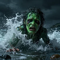 the pain is splattered on the sad monster's green face while a single huge wave crashes against him, water sprays into the air, black cloudy night, fantasy, unreal engine