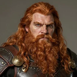 portrait of a 4 0 year old giant strong man with long tangles of bushy ginger hair and beard, piercing eyes, wearing leather armor, hyper realistic face, epic, very low angle, fantasy art, in the style of greg rutkowski, intricate, alphonse mucha, hyper detailed, smooth