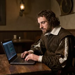 renaissance era man in a tavern, coding on a laptop