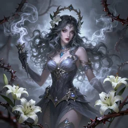 beautiful necromancer with mist and smoke magic, surrounded by thorns and lilies. wavy hair, floral halo crown, attarctive face, anime key visual, highly detailed, sharp focus, concept art, league of legends, style by shumolly and monable and artgerm and greg rutkowski and zeronis and pilyeon and ruan jia
