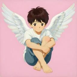 a painting of a boy with wings folding legs with his arms, a pink background, a storybook illustration by motocchi, pixiv, naive art, pixiv, storybook illustration