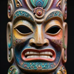 close - up tiki mask, colorful, psychedelic, fine mandelbrot fractal lace, 1 5 0 mm, soft rim light, elegant, hyper real, ultra detailed, octane render, hg giger, 1 6 k