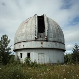 an abandoned telescope observatory, overgrown, post - apocalyptic, dystopian