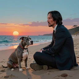 keanu reeves as john wick sits in the sand at a beach with his grey pitbull and look into the sunset, feeling of sadness, detailed digital matte painting in the style of simon stalenhag and bev dolittle zdzisław beksinski, greg hildebrandt artstation, psychedelic