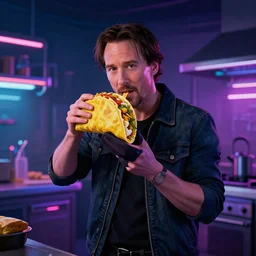 keanu reeves enjoying taco bell in a cyberpunk styled kitchen, lit with neon lights