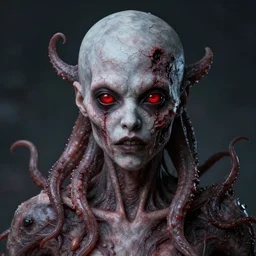hyperdetailed portrait of female monster with pale cracked skin, red eyes, infested face tentacles and skin disease looking into camera