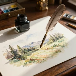 technical drawing of quill pen and ink jar on an antique desk, afternoon lighting, watercolor